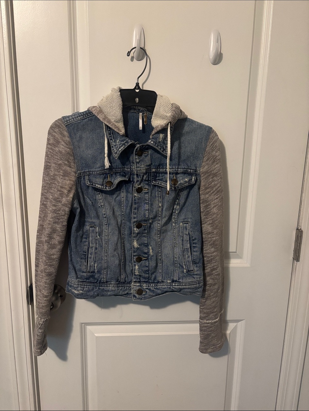 Free People Blue Denim Jacket with Gray Knit Sleeves & Hood